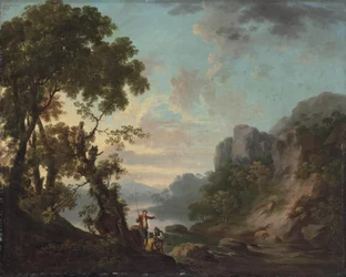 Metsäinen maisema järvellä, kalastajia etualalla